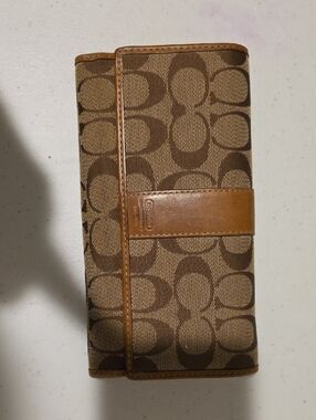 Coach Brown Signature Canvas Continental Wallet with Leather Strap